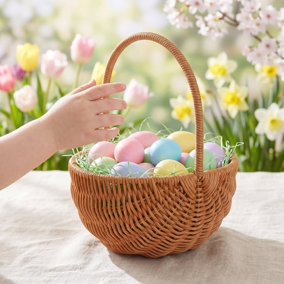 Hytrove Small Easter Basket Set - Rectangular Wicker Holder for Kids, Plastic Storage Container, Home & Holiday Decoration