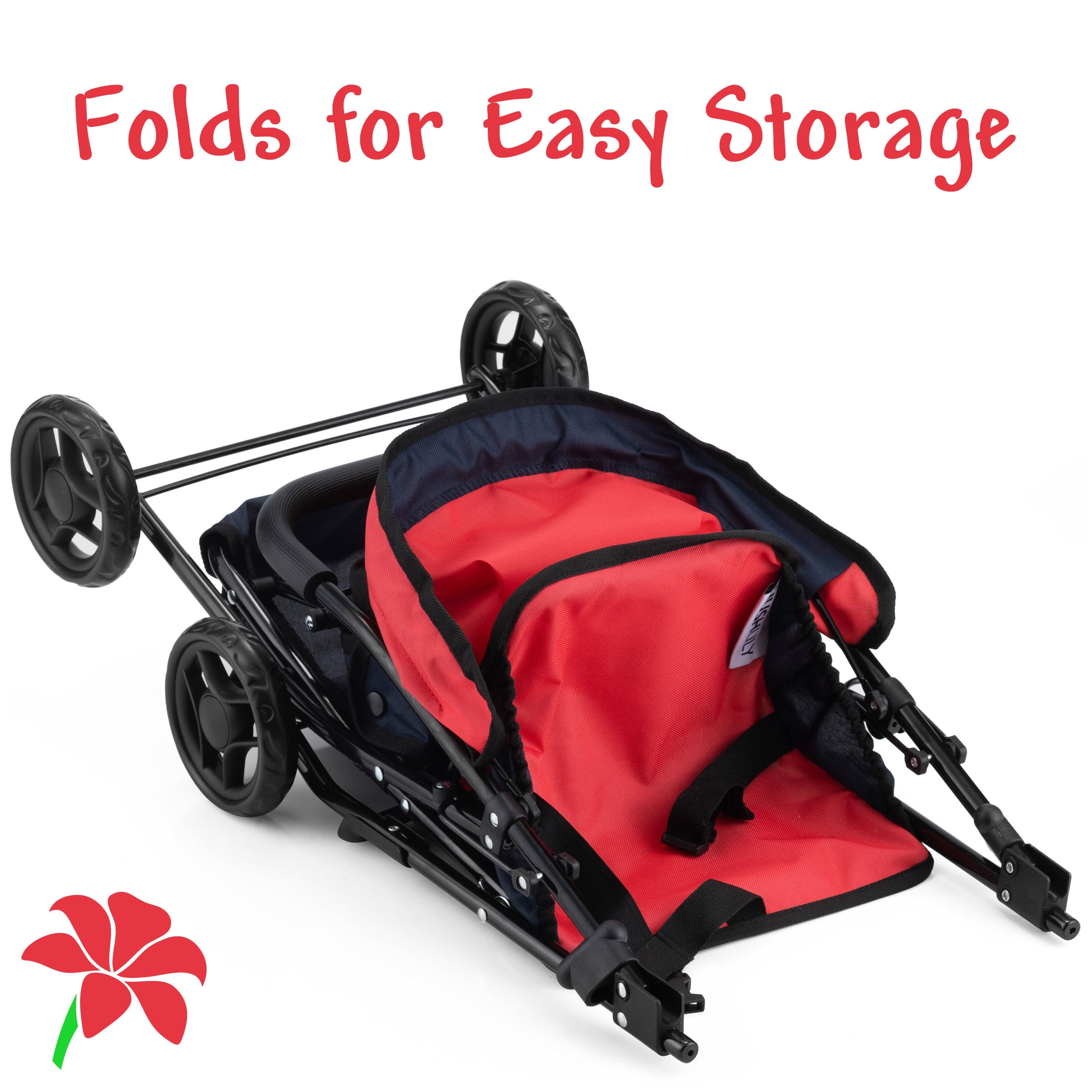 HUSHLILY - Tandem Double Doll Stroller with Adjustable Canopy & Basket, Foldable, with Smooth Rolling Wheels (Red & Blue)