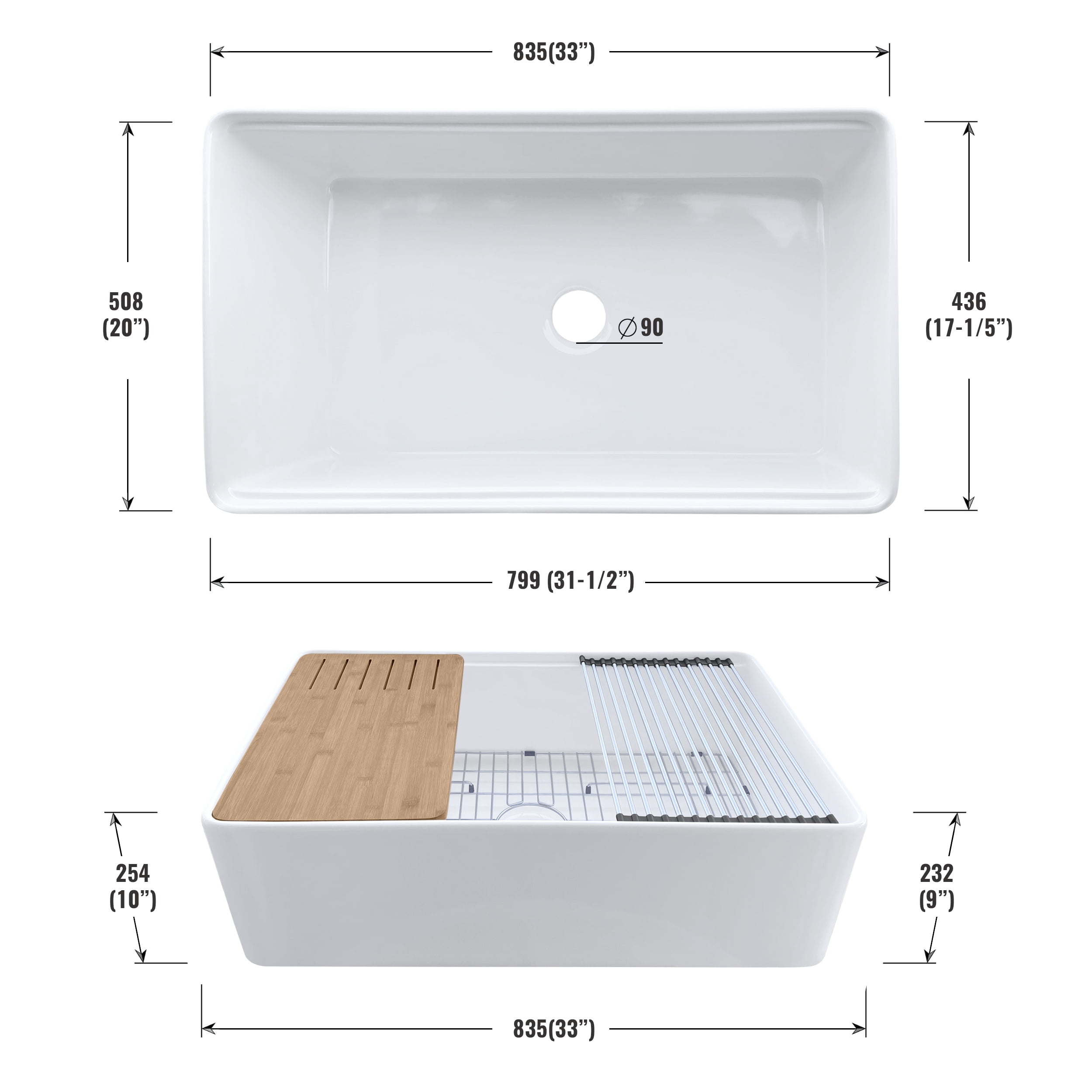 33 inch Fireclay Workstation Farmhouse Kitchen Sink - Apron Front Sink - Contemporary European Design - Grid, Drain Cover & Workstation Accessories