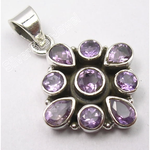 SilverStarJewel 925 Pure Silver Natural Faceted Amethyst Made In India Pendant 1.3" Bijoux