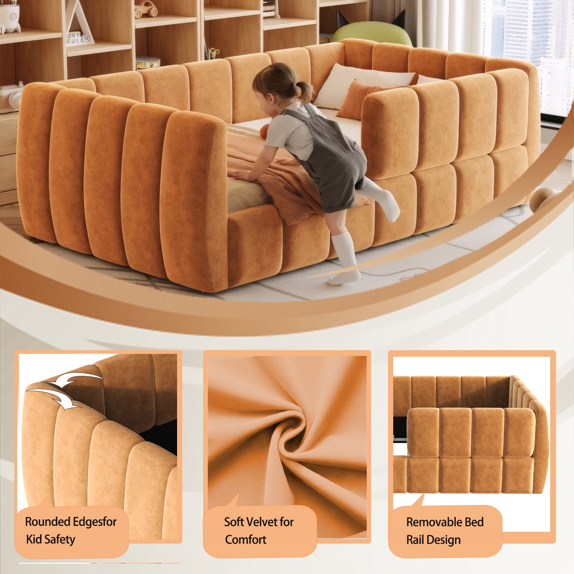 Euroco Upholstery Toddler Floor Bed with Guardrails, Orange
