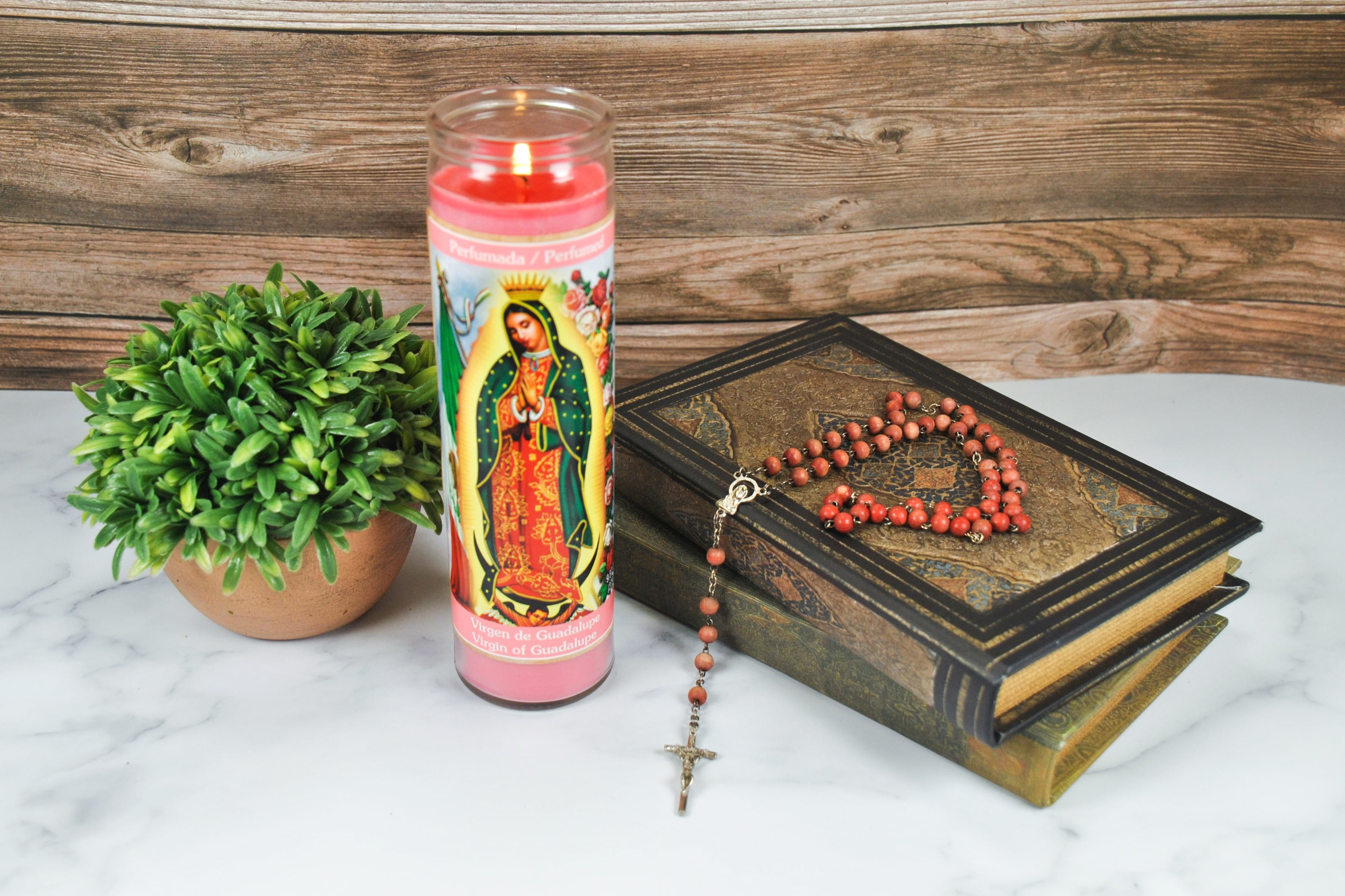 Prayer Candle V Guadalupe Rose Scent Pink Wax, 8 Inch