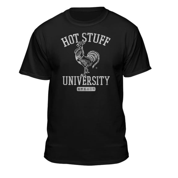 Teelocity Men's Sriracha Hot Stuff University Hot Sauce Black Relaxed Fit Short Sleeve Graphic T-Shirt