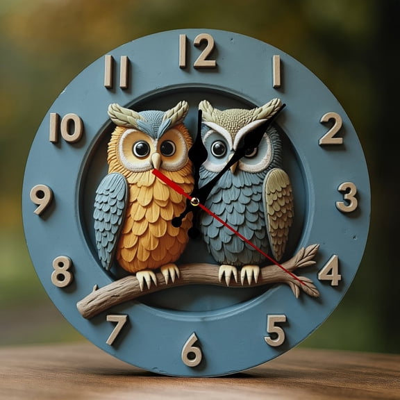 Wall Clock Decorative - Cute Owl Pair A Print 2D Vintage Wall Clocks Battery Operated Silent Non-Ticking for Bedroom, Living Room, Kitchen, Office, Classroom, 10 Inch