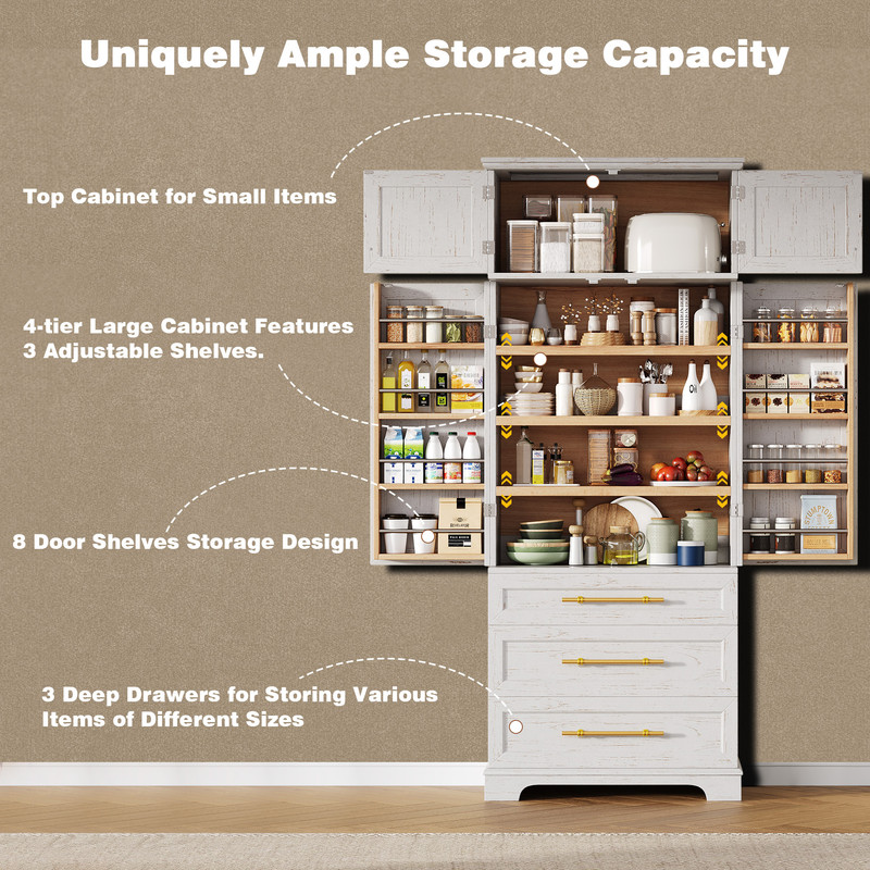 Farmhouse Kitchen Pantry with Drawers, Sideboard Storage Cabinet with Adjustable Shelves, Freestanding Versatile Cupboard
