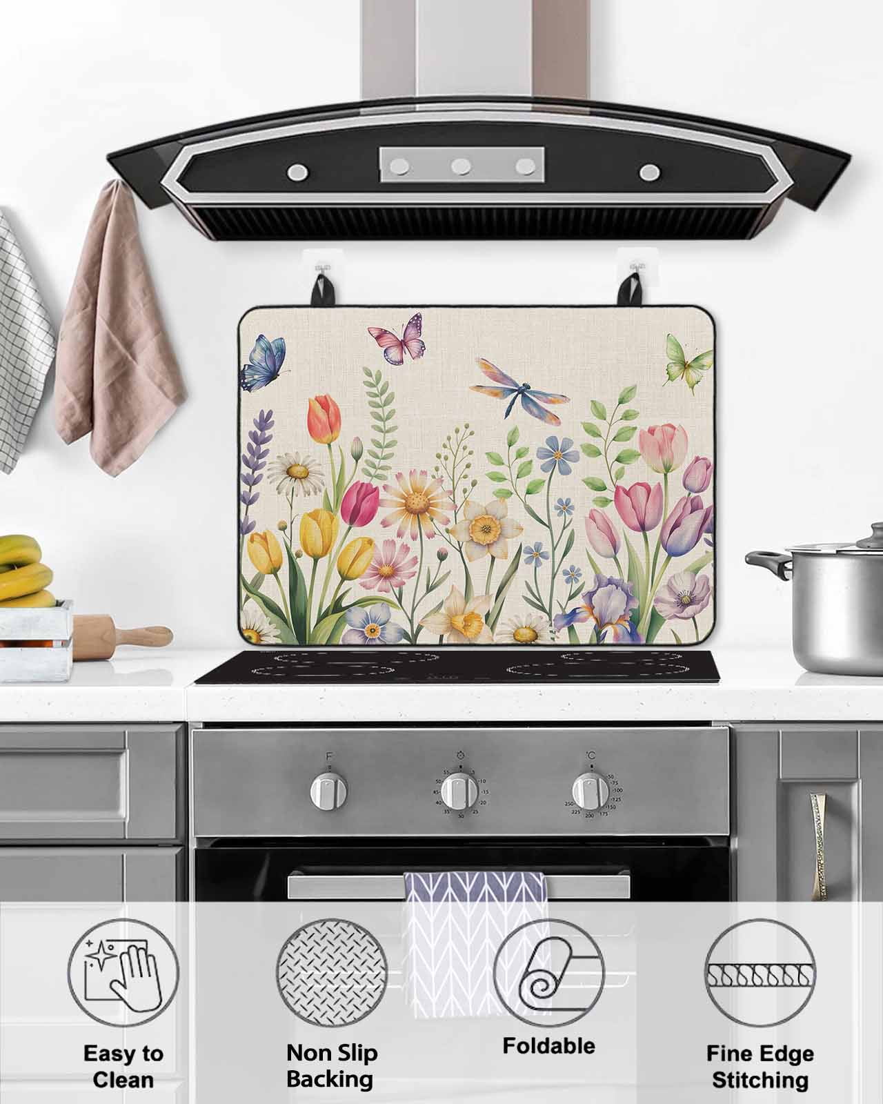 Large Induction Cooktop Protector Mat Wildflowers Stove Top Covers for Electric Stove, Spring Vintage Tulip Butterfly Floral Leaf Decorative Stove Burner Cover Mats, Glass Top Stove Cover