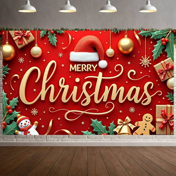Red Background Christmas Banner Gold Ornaments Xmas Display Santa Hat Gift Boxes Holiday Backdrop for Christmas Party Indoor Celebration Festive Photo Shoot