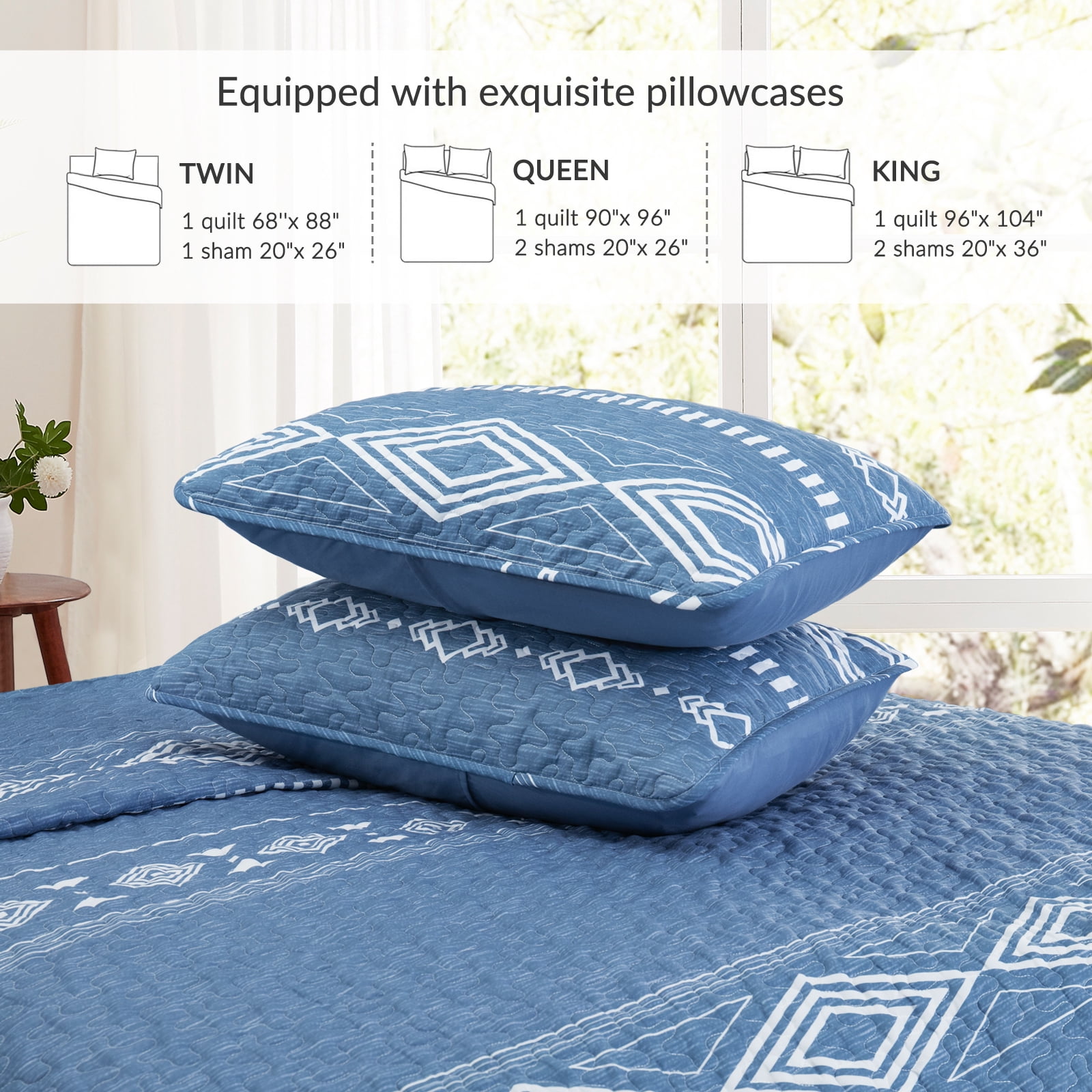 Whale Flotilla Reversible Ultra Soft Printed Quilts Twin Size, Lightweight Patchwork Geometric Stripes Bedspreads Coverlets Twin Quilt Bedding Set with 1 Pillow Sham for All Seasons, Bluish Grey