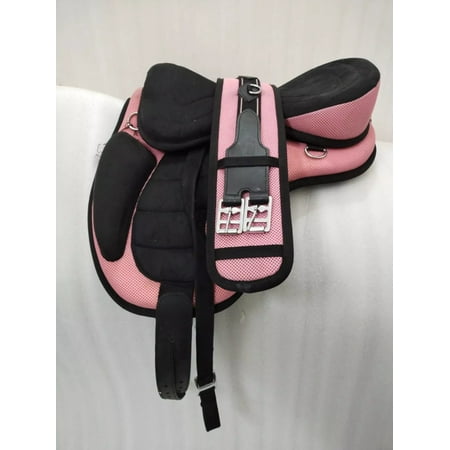 RIDEX PREMIUM LEATHER Pink Racing Riding Horse Saddle Tack Stirrups Synthetic Suede English Horse Saddles Tack Free Matching Girth Leather Straps [ Size: 14.5]
