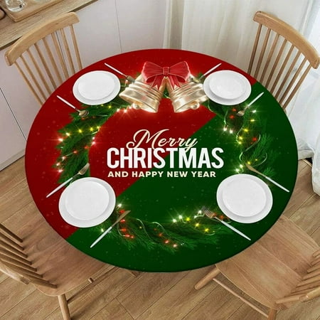 

Christmas Round Tablecloth Fitted Elastic Edged Polyester Table Cover for chen Picnic Party Ornaments Desk Table Cloth