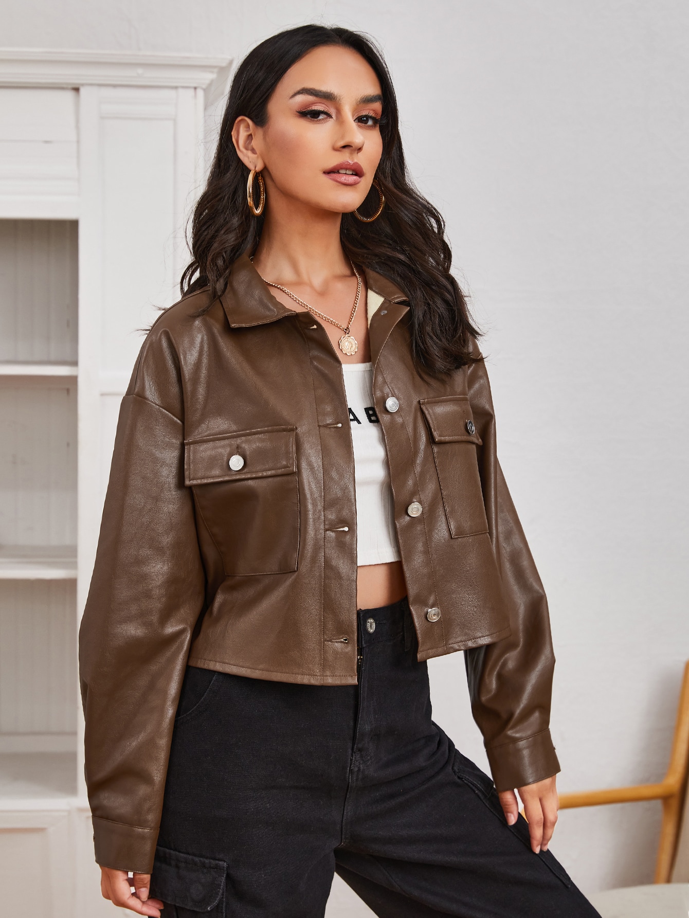 Women's Single Breasted Flap Pocket PU 