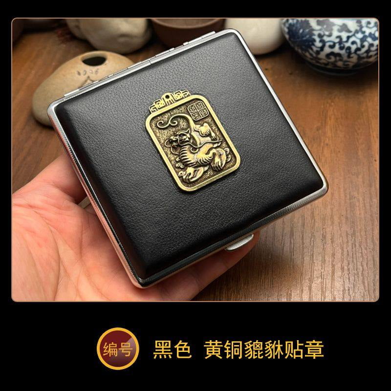 NP18 cowhide cigarette case thick cigarette side-turned ultra-thin cowhide hand-made first layer classic men's retro 20-pack gift,SKU00339-04黑色黄铜虎头