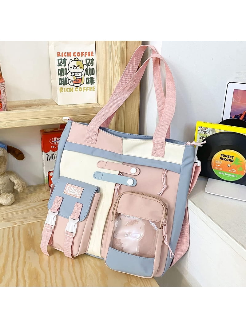 Leuke messenger tas voor tienermeisjes vrouwen, Kawaii crossbody schoudertas met spelden en gevulde hanger cadeau, Zwart