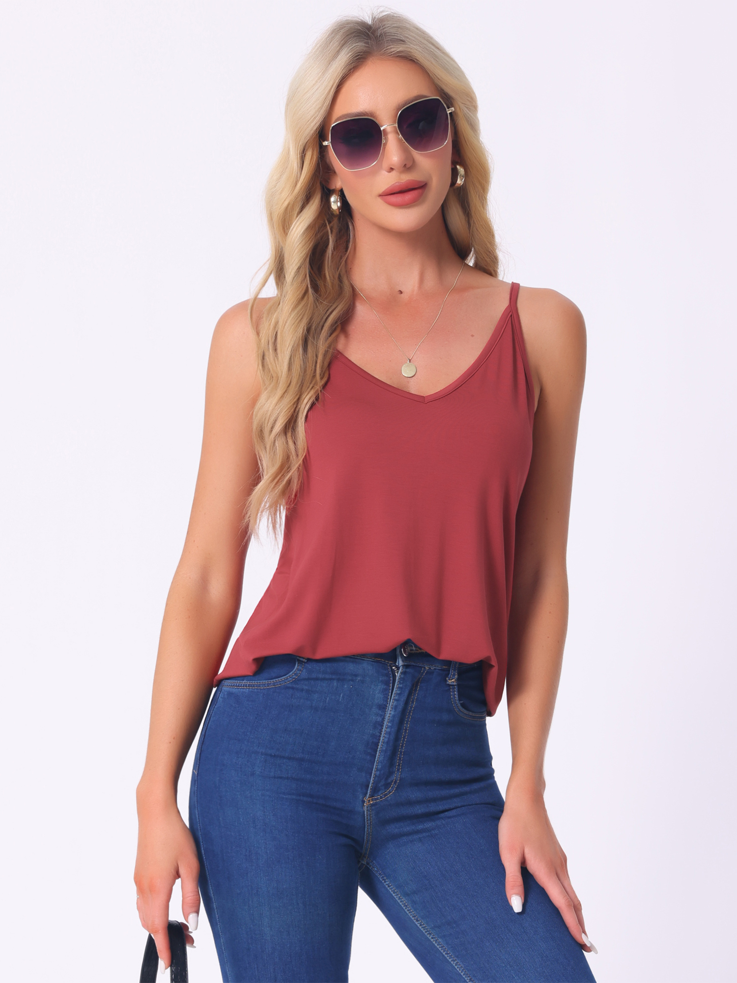 DARING DIVA Women's Sleeveless Base Layer Spaghetti Straps V Neck Tank Tops L Red