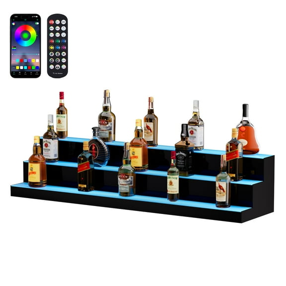 VEVOR LED Lighted Liquor Bottle Display, 3 Tiers 48 Inch Commercial Illuminated Home Bar Shelf, 3 Steps Whiskey Rack Stand, Acrylic Drink Shelves with RF Remote & App Control,and Multicolor lighting