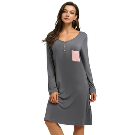 

Women s Nightgown Knee Length Sleepshirts Long Sleeve Sleepwear Loose Cozy Button Down Sleep Dress Casual Pajama Dress S-2XL