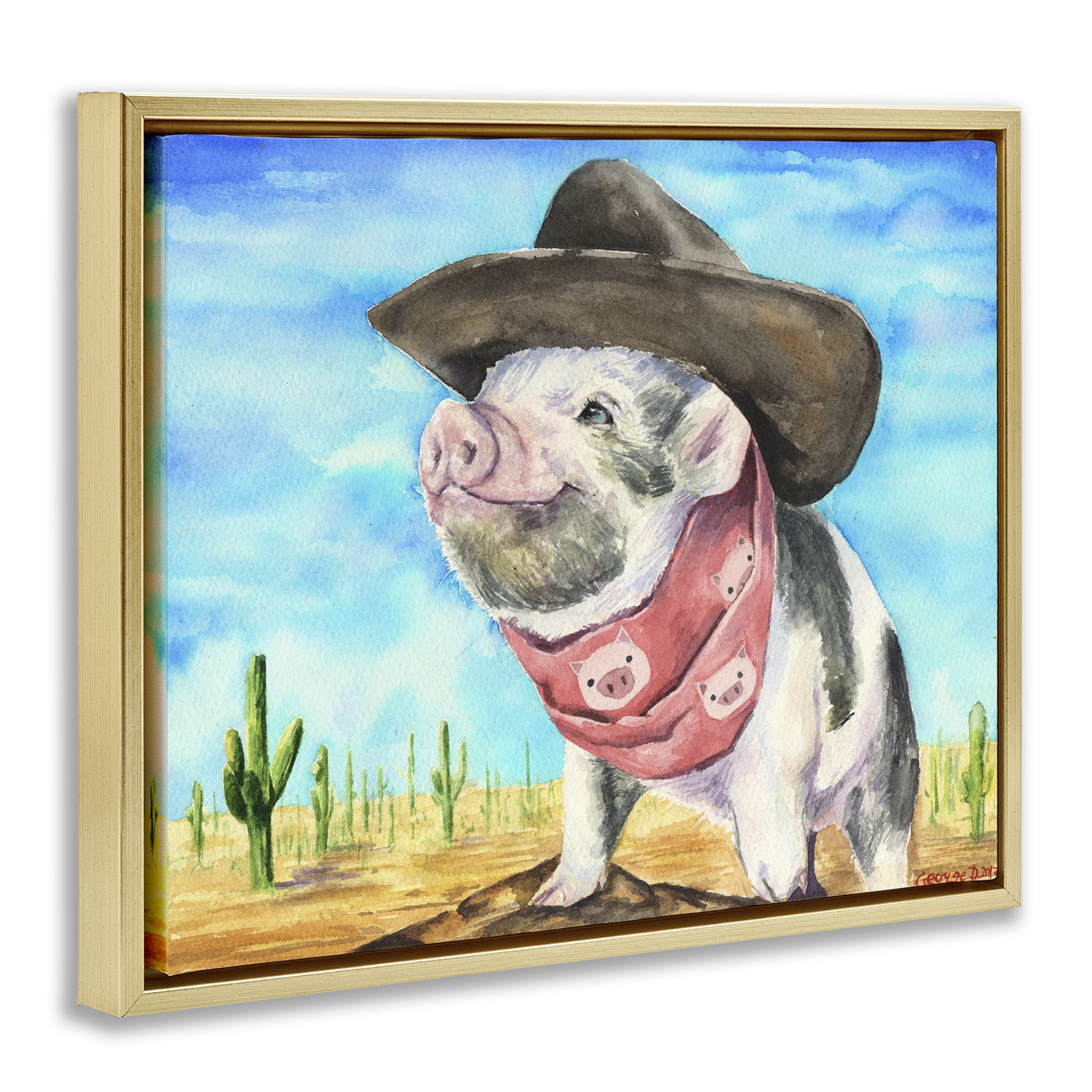 Stupell Industries Wild West Cowboy Pig Animals & Insects Painting Gold Floater Framed Canvas Art Print Wall Art, 31 x 25