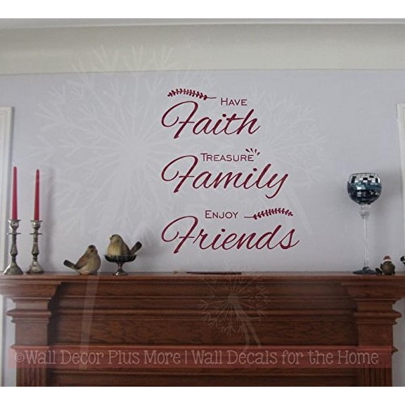 Faith Family Friends Wall Decals Vinyl Sticker Wall Words with Laurel Leaf, Burgundy, 28x23-Inch