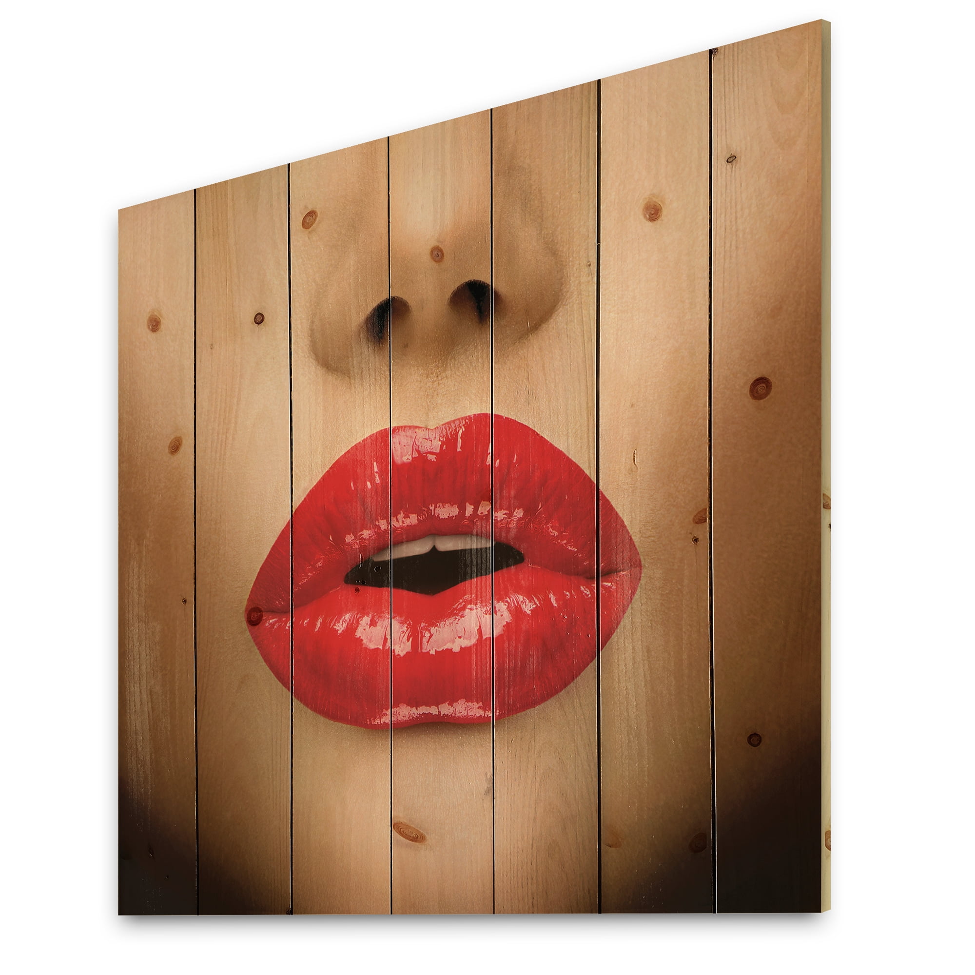 Designart 'Sexy Woman Lips Beautiful Make-Up Close-Up Kiss' Modern Print on Natural Pine Wood