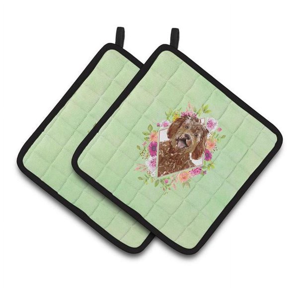 Carolines Treasures CK4388PTHD 7.5 x 7.5 in. Labradoodle Green Flowers Pair of Pot Holders