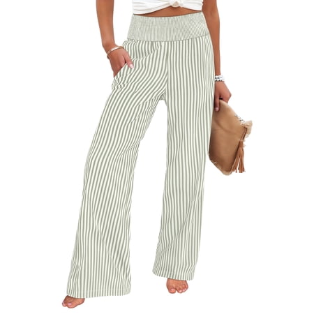 ANRABESS Womens Palazzo Pants Striped & Gingham Lounge & Casual Cute Pajama Pants Wide Leg High Waisted Pockets Army Green White Stripe XX-Large