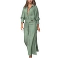 thumbnail image 2 of IROINNID Maxi Dress for Women Turndown Collar Loose Cotton Linen Long Sleeve Tightness High Waist Dress ,Green, 2 of 6