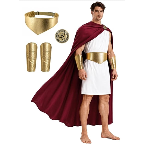 VZQI Mens Greek Warrior Toga Costume, Roman Outfit Cape Belt Cuffs