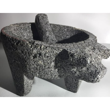 Made in Mexico Genuine Mexican Manual Guacamole Salsa Maker Volcanic Lava Rock Stone Molcajete/Tejolote Mortar and Pestle Herbs Spices Grains Front Pig Head