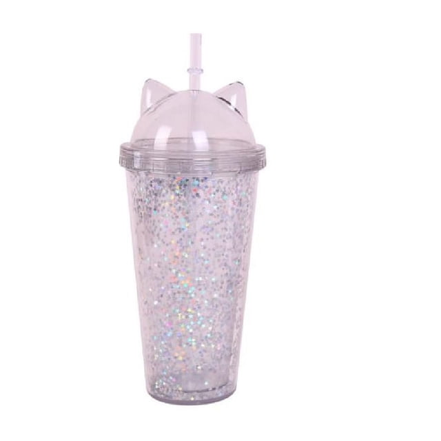 Vaso Glitter HappyWare con Popote y Tapa con Orejas de Gato Gris 400ml