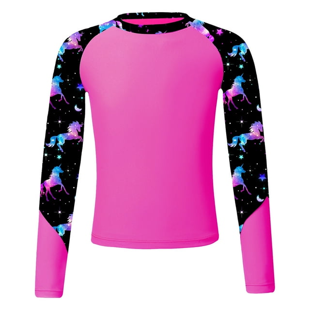 YiZYiF Kids Girls Sun Protection Tropical Long Sleeve Rash Guard Tops UPF 50+ Swim Shirt Bathing Suits Hotpink 10