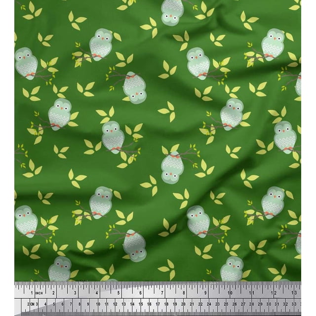 Soimoi Poly Georgette Fabric Leaves & Owl Bird Print Sewing Fabric Yard 42 Inch Wide