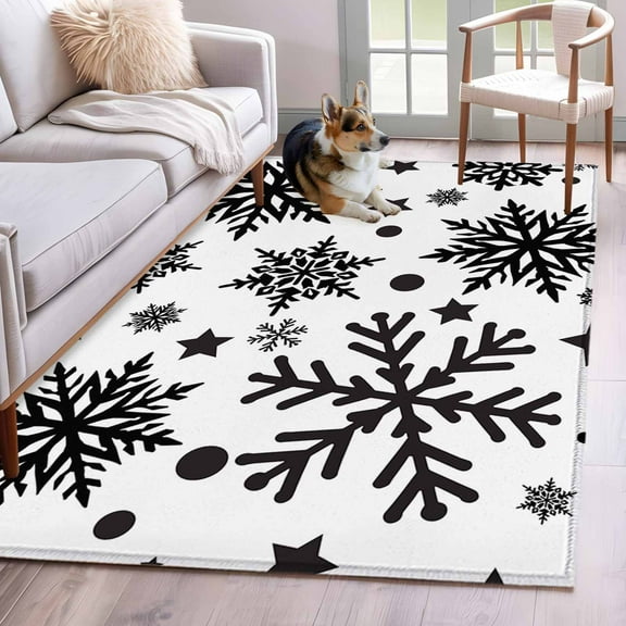 Christmas Snowflake Area Rug 3x5 Washable Rug Non Slip Winter Xmas Simple Black White Large Area Rug Indoor Floor Carpet for Entryway Bedroom Kitchen Living Room Home Office Dining Room Nursery