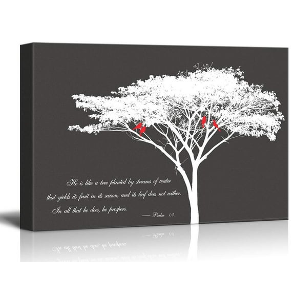 Wall26 Canvas Wall Art - Abstract Tree and Birds on its Branches with Bible Quotes from Psalm 1:3 - Giclee Print Gallery Wrap Modern Home Decor Ready to Hang - 32x48 inches