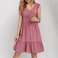 thumbnail image 2 of 2025 Dresses for Women V Neck Ruffle Tiered Layered Knee Length Trendy Gauze Dresses Sleeveless Cotton Linen Elegant Midi Dresses Pink S, 2 of 6