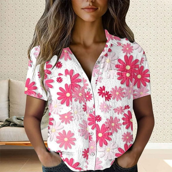 Pink Womens Tops Women Cotton Shirt Printed Fashion Down Shirts Casual Tops Short Sleeve Blouse Shirts for Women