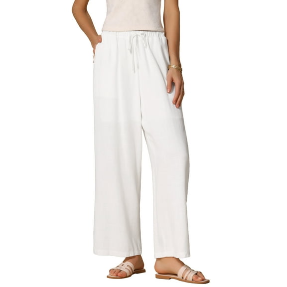 INSPIRE CHIC Women's Summer Pants High Waist Drawstring Loose Fit Lightweight Long Palazzo Gauze Pants XS White