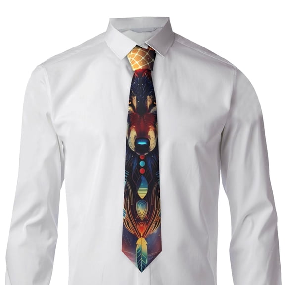 Goofa Mystic Wolf Dreamcatcher Pattern Men's Necktie Classic Silk Tie Woven Jacquard Neck Ties Necktie for Business and Wedding Formal Neckties