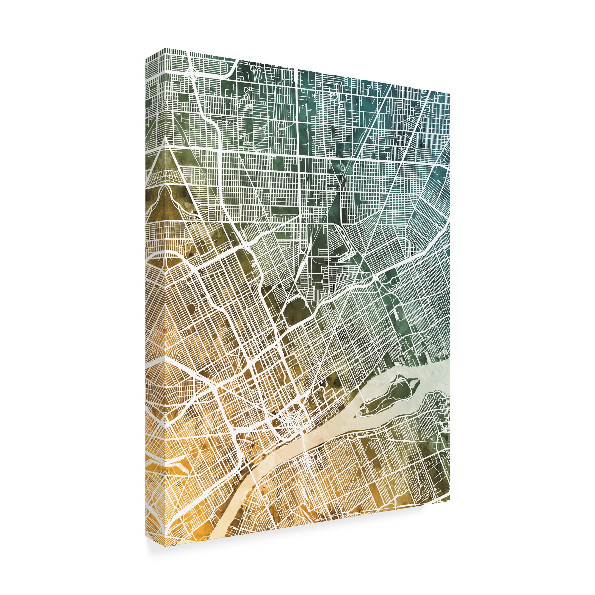 Trademark Fine Art 'Detroit Michigan City Map Teal Orange' Canvas Art by Michael Tompsett