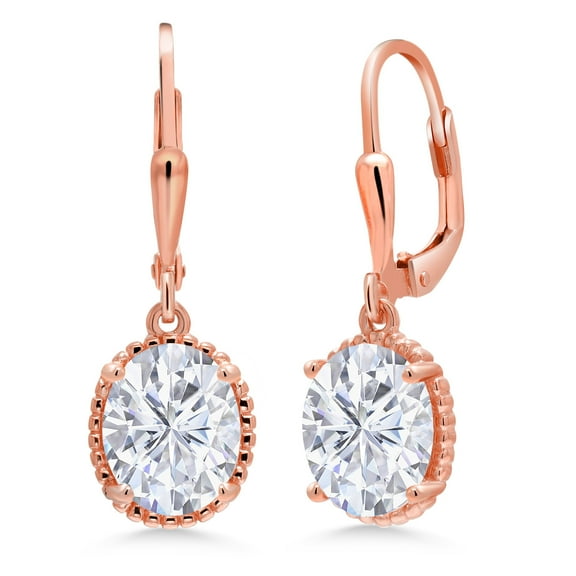 Gem Stone King 18K Rose Gold Plated Silver White Moissanite Leverback Dangle Earrings for Women (4.20 Cttw, Gemstone Birthstone, Oval 9X7MM)