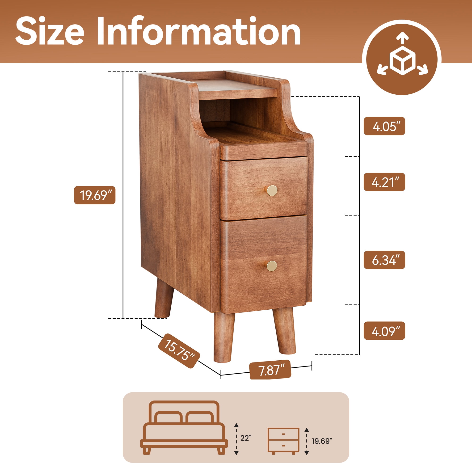 Narrow Nightstand with Drawers, Pre-Assembled Solid Wood Small Skinny Night Stand with Open Sliding Shelf, Mid Century Modern Slim Bedside Table for Bedroom, Sofa End Side Table, Walnut