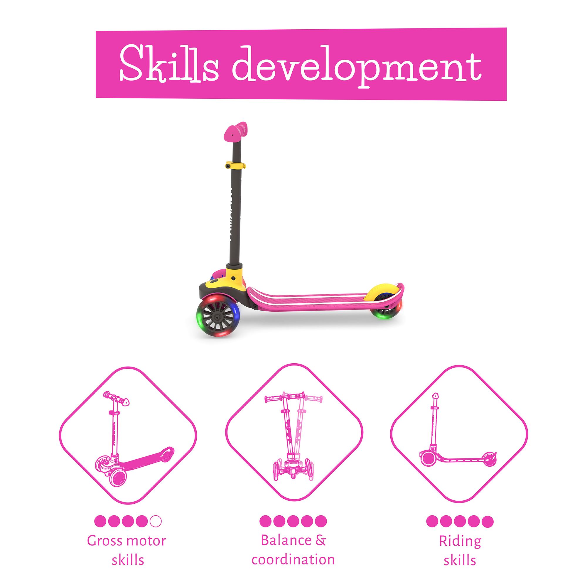 Chillafish Pink Scotti Glow 3-Wheel Lean-to-Steer Scooter with Light-Up Wheels, Anti-Slip Deck & Brake, Adjustable