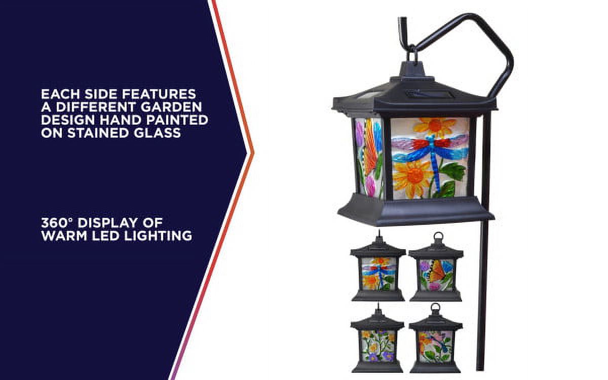 Moonrays 92276 Solar Powered Hanging Floral Stained Glass LED Lantern, 24-Inch Above Ground Height On The Shepherd’s Hook Made from Metal and Plastic, Rechargeable Battery Included - image 4 of 10