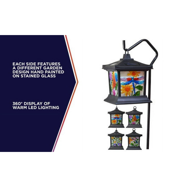 Moonrays 92276 Solar Powered Hanging Floral Stained Glass LED Lantern, 24-Inch Above Ground Height On The Shepherd’s Hook Made from Metal and Plastic, Rechargeable Battery Included Moonrays 92276 Solar Powered Hanging Floral Stained Glass LED Lantern, 24-Inch Above Ground Height On The Shepherd’s Hook Made from Metal and Plastic, Rechargeable Battery Included