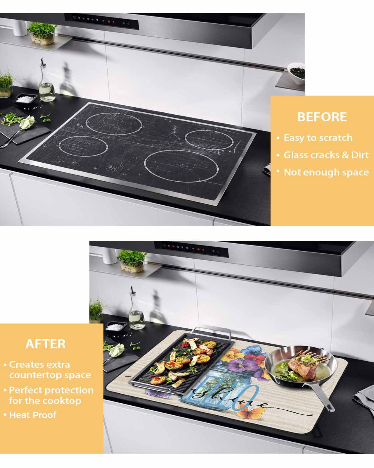 nqOlkjepod Large Induction Cooktop Protector Mat 24"x21", Purple Flower Stove Top Covers for Electric Stove, Blue Yellow Floral Bottle Country Plant Stove Burner Cover Mats, Glass Top Stove Cover