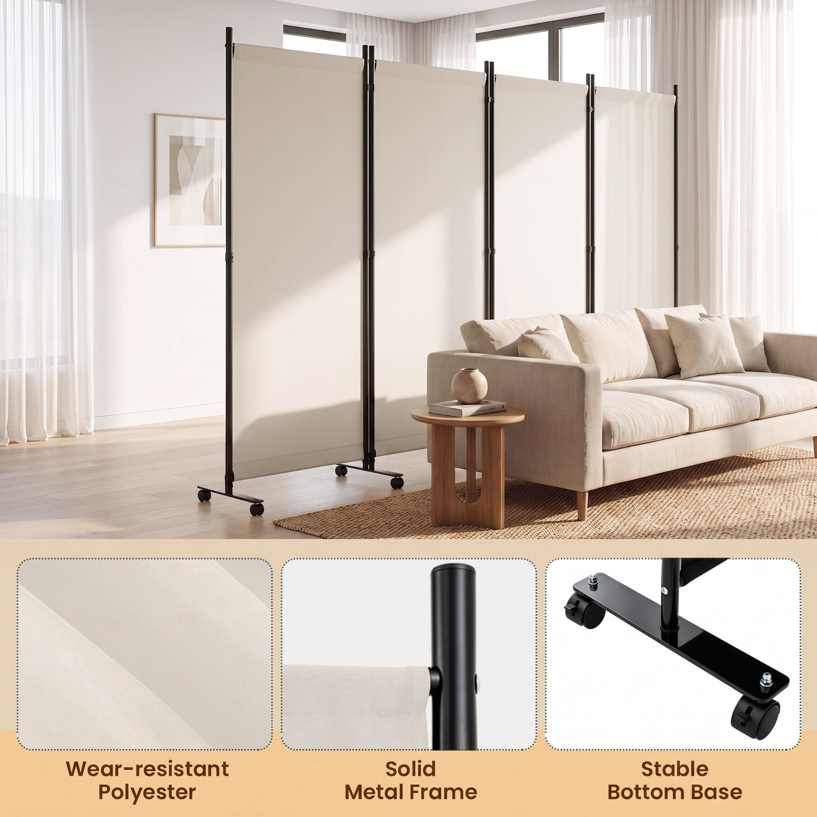 Vebreda 4-Panel Rolling Room Divider Folding Privacy Screen with Lockable Wheels, Freestanding Fabric Partition for Bedroom Office Dorm, White