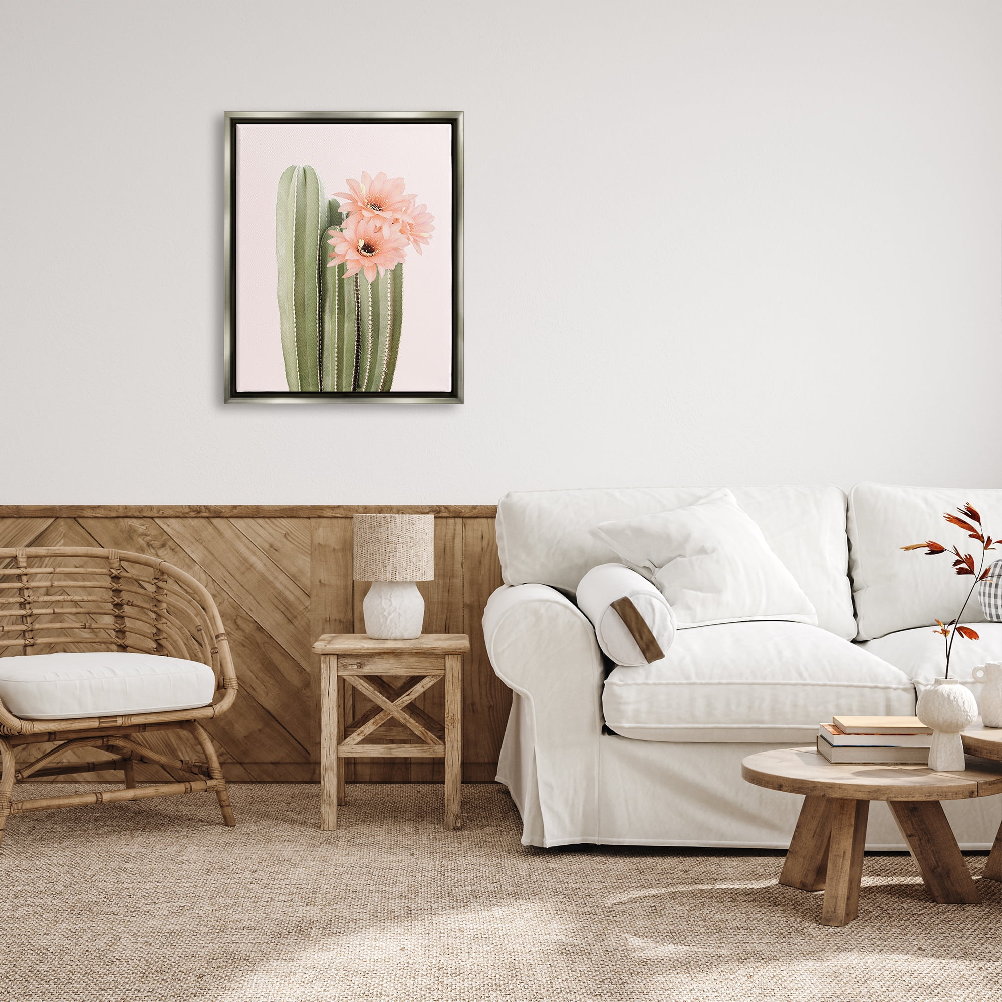 Stupell Industries Pink Flower on Cactus Botanical & Floral Painting Gray Floater Framed Art Print Wall Art, 25 x 31