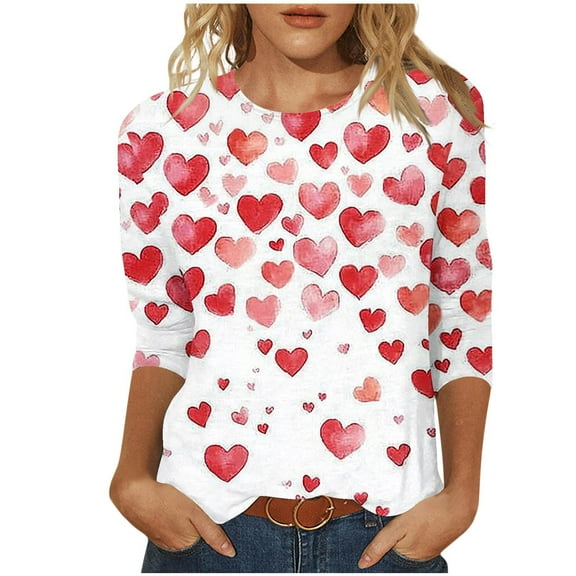 Valentines Shirts Women Love Heart Printed Crewneck 3/4 Sleeve Tops Plus Size S-3X Loose Fit Casual Holiday Tees (XL, White 01)