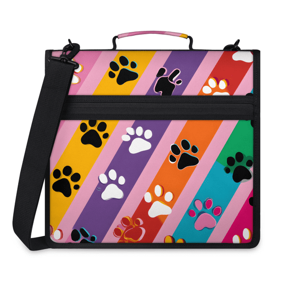 Herdesigns Dog Pawprint Zipper Binder 1.5 Inch 3 D-Rings with Shoulder Strap & Handle, Waterproof Colorful Striped Binder Organizer Bag for 13 Inch Laptop
