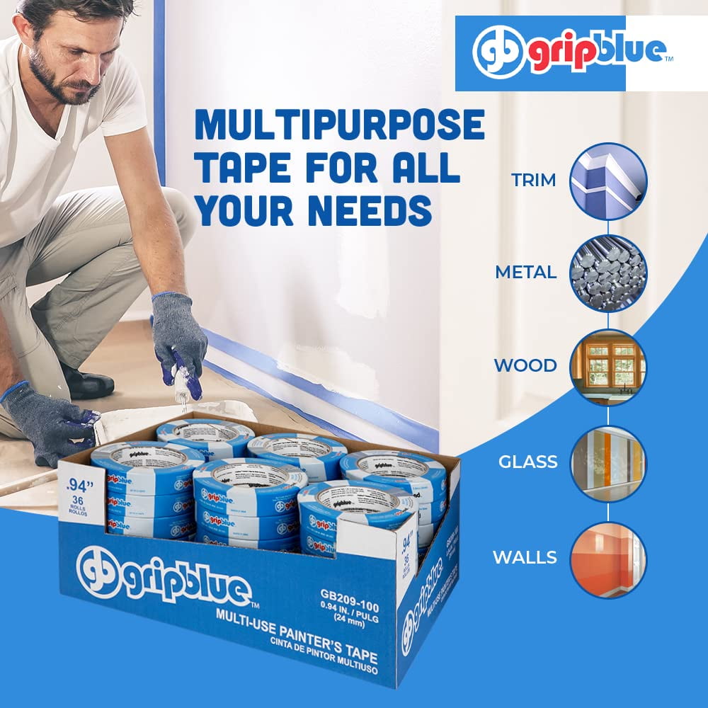 GripBlue Blue Painter’s Tape 1 Inch (0.94 in) x 60 Yards, 36 Rolls Contractor Pack, Multi-Surface Masking Tape for Painting, Clean Removal, Indoor Outdoor