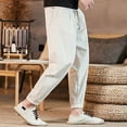 thumbnail image 4 of safuny Men's Cropped Pants Joggers Wide Leg Trousers Workout Causal Solid Color Elastic Waist Drawstring Pants Beach Cotton Wrinkled with Pockets Summer Beige L, 4 of 8